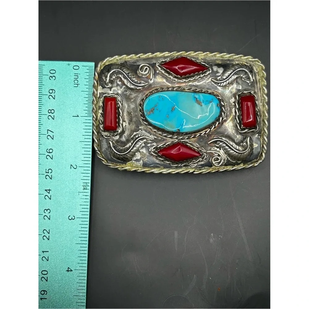 Vintage Silver Belt Buckle With‎ Turquoise Coral And Agate
